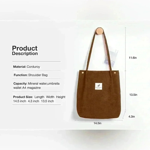 Corduroy Small Tote Bag Light Brown Shoulder Bag Canvas - Picture 4 of 5
